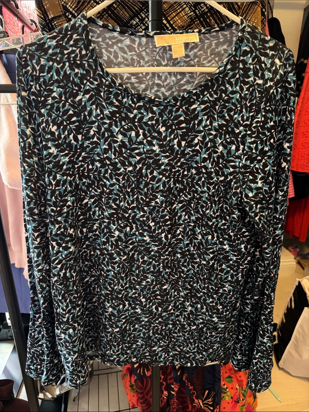Michael Kors Black and Teal Leaf-Print Long-Sleeve Top